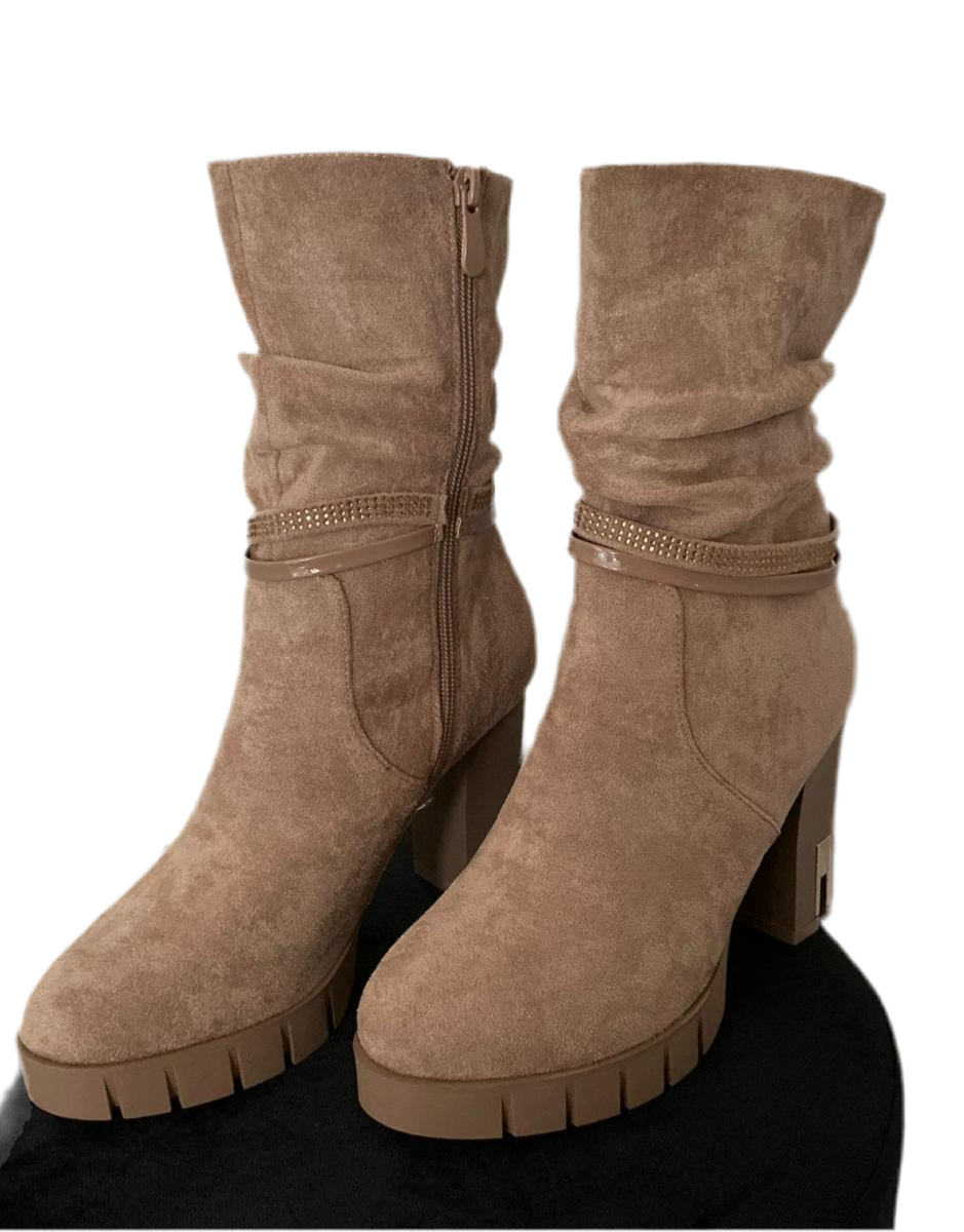 Damen Stiefeletten mit Blockabsatz – Wildlederoptik & Strassdetail, Beige