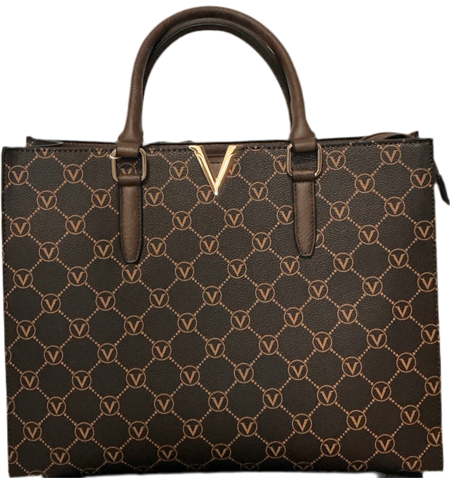 Handtasche in Lederoptik mit goldener V-Applikation & edlen Details
