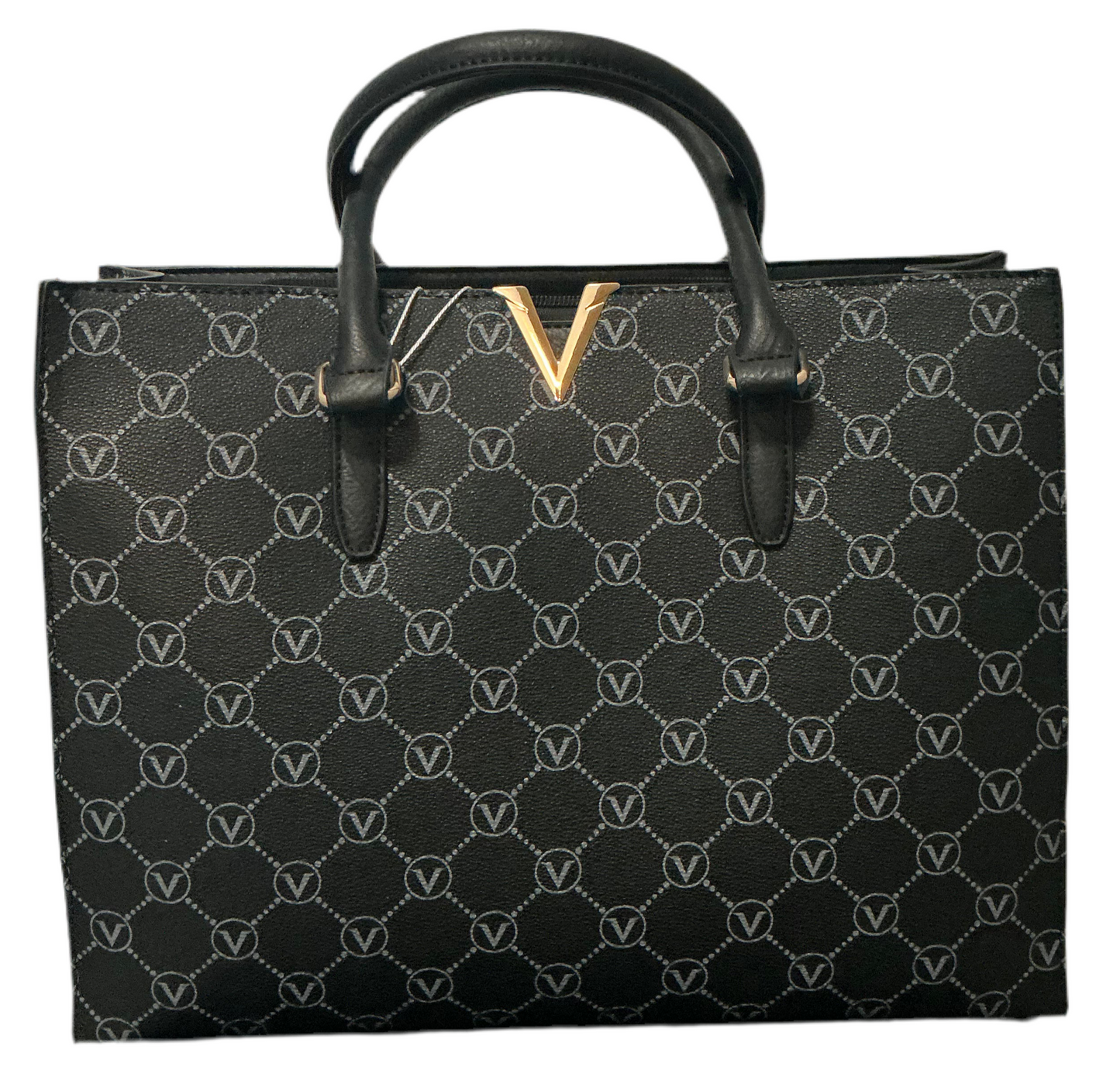 Handtasche in Lederoptik mit goldener V-Applikation & edlen Details