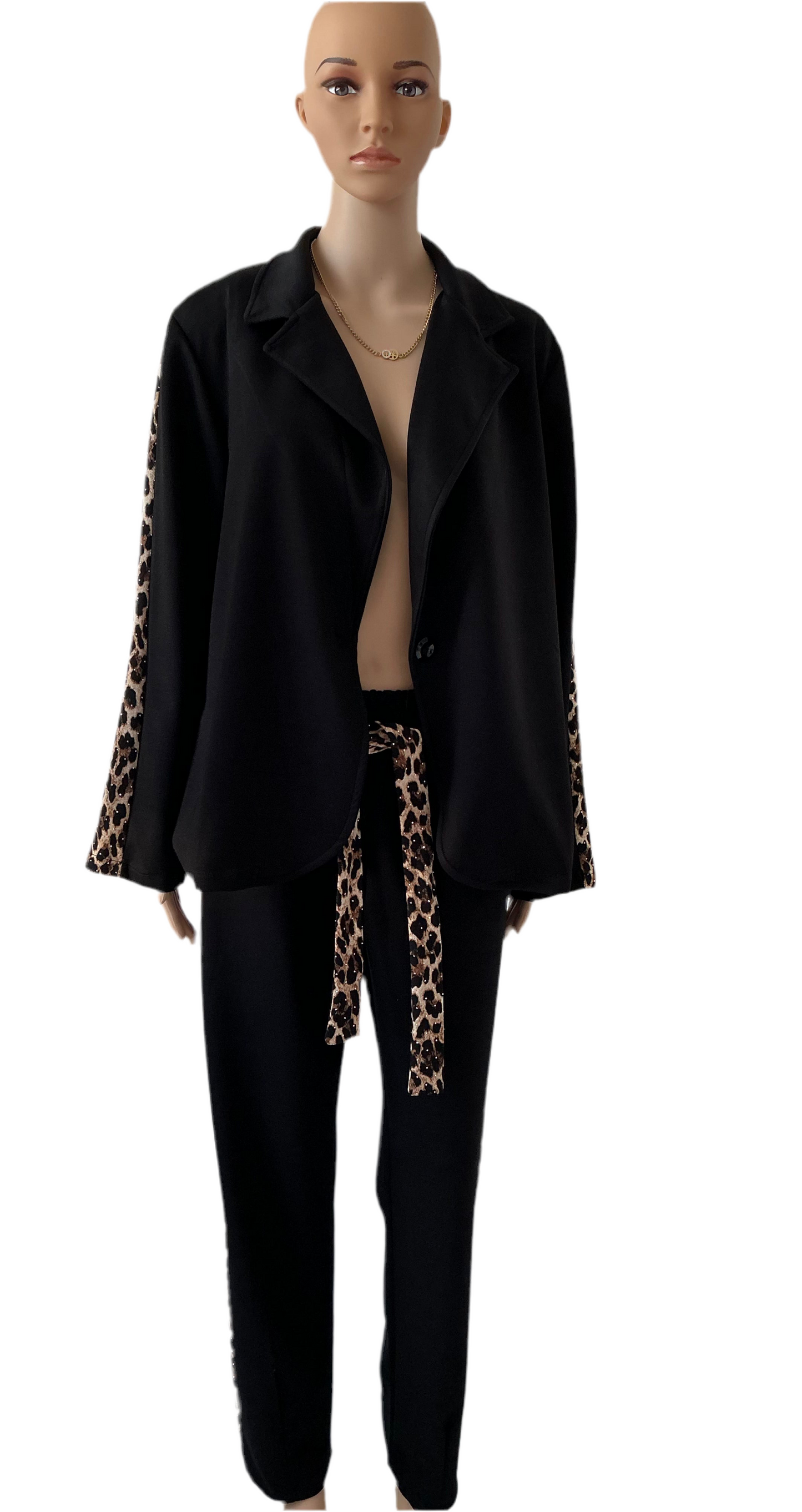 Damen Zweiteiler Set Schwarz mit Leoparden-Details – Freizeitanzug & Lounge Wear
