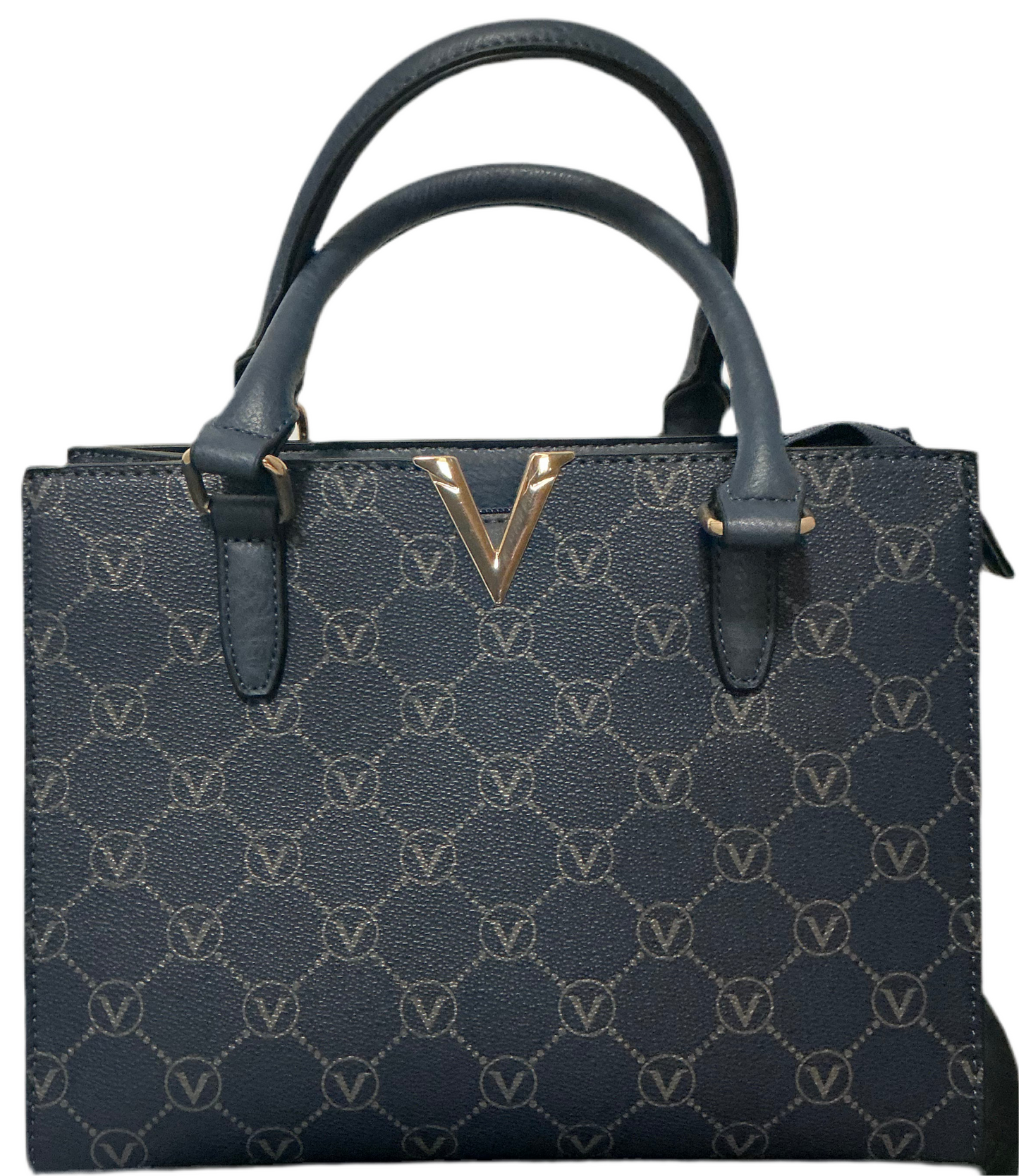 Handtasche in Lederoptik mit goldener V-Applikation & edlen Details