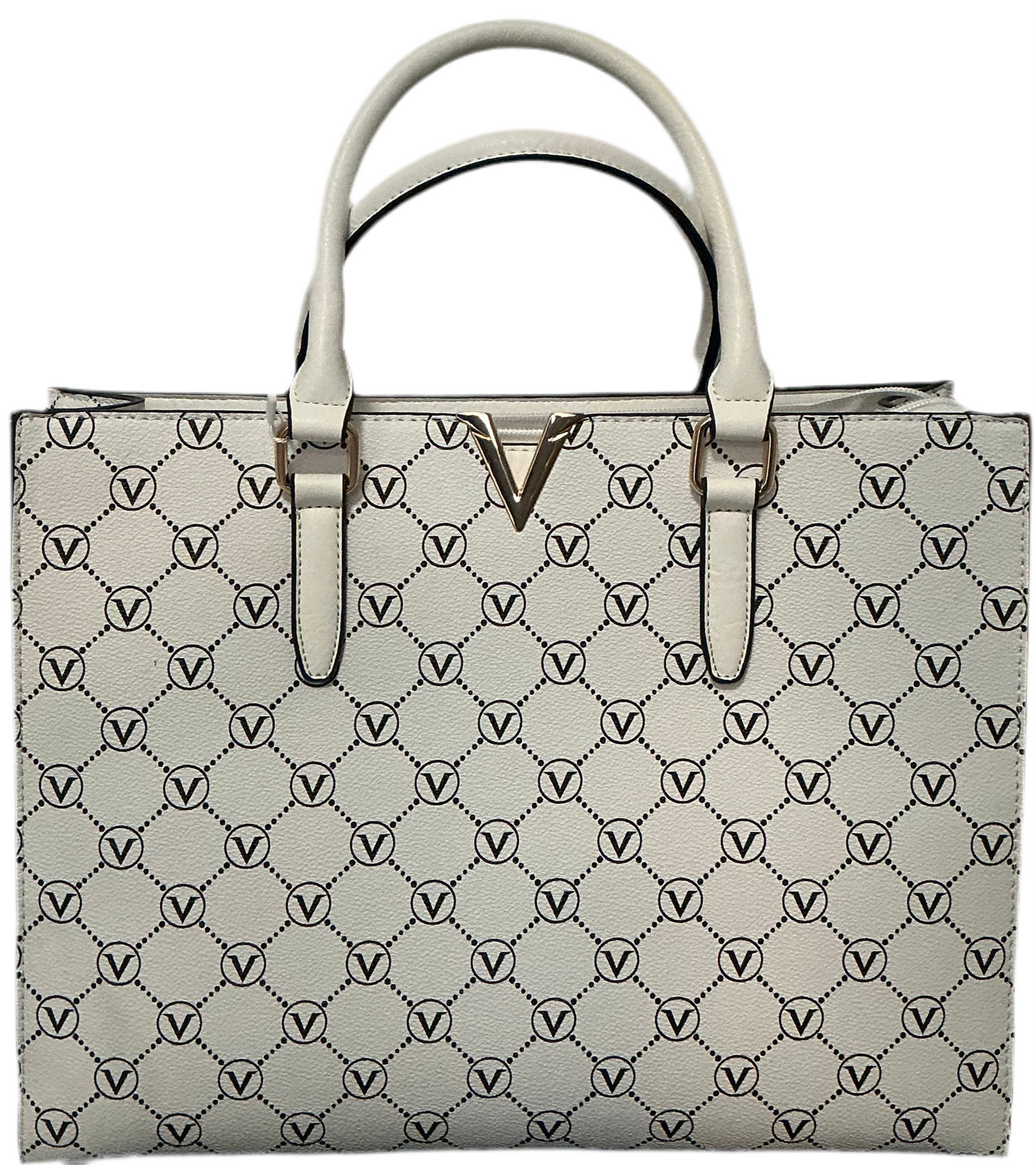 Handtasche in Lederoptik mit goldener V-Applikation & edlen Details