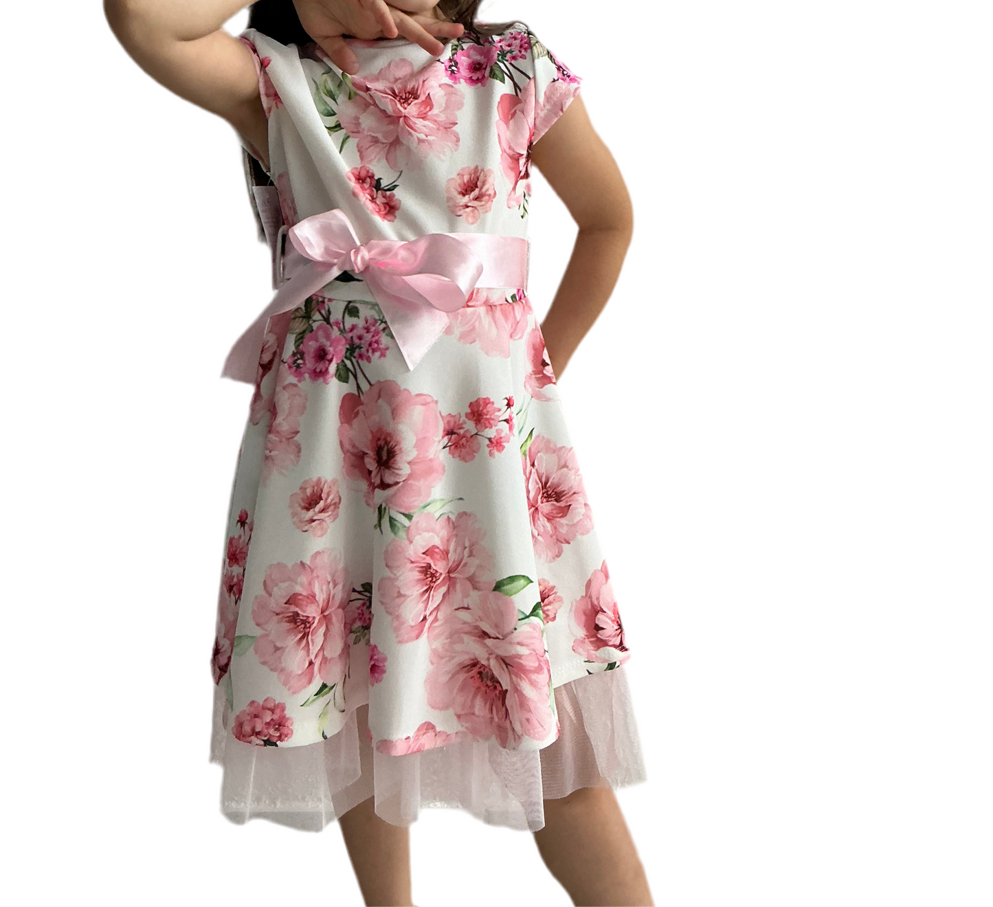 Mädchenkleid mit pinken Blumen & Satin-Schleife