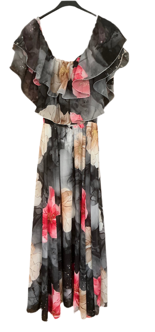 Elegantes Maxikleid mit Blumenmuster und Volant-Ausschnitt