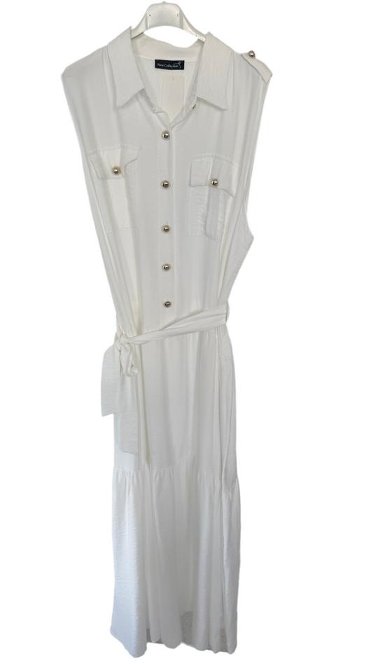 Maxikleid ärmellos mit Kragen & goldener Knopfleiste
